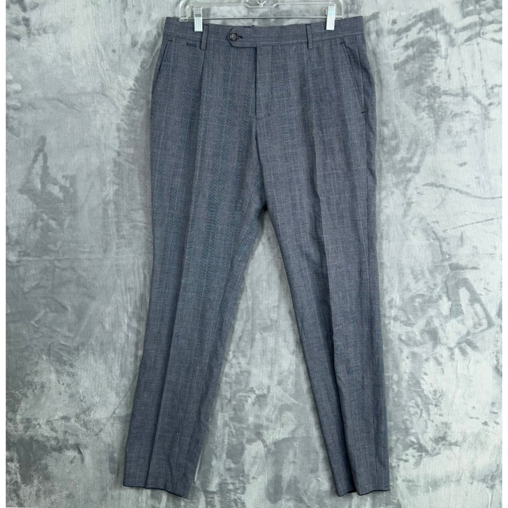 Hugo Boss Dress Pants‎ Mens 32x32 New Blue Glen Plaid Check Pleated Wool Blend